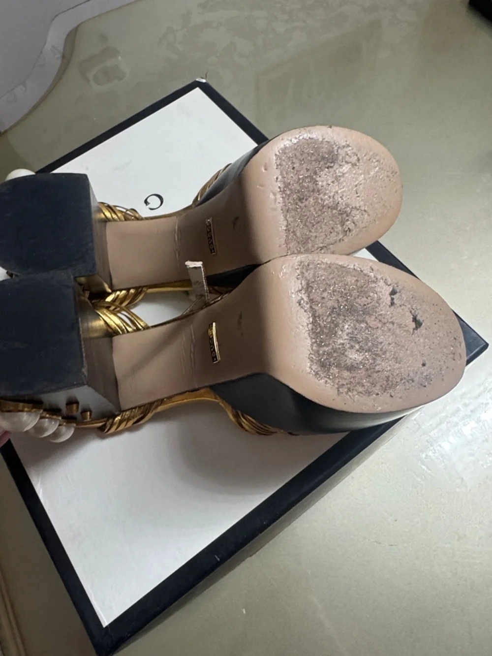 Gucci Gold Metallic Pearl-Embellished Platform Sandals - Picture 5 of 8